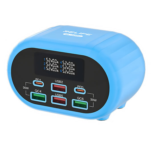Relife RL-309U töltőállomás, 72W, 5A, 2 x USB-C - 4 x USB-A, Kék
