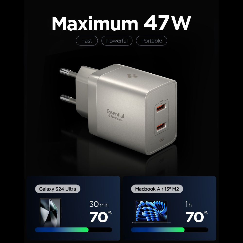 Spigen EE472EU Essential hálózati töltő, 47W, 3A, 2 x USB-C, Titán szürke ACH10451