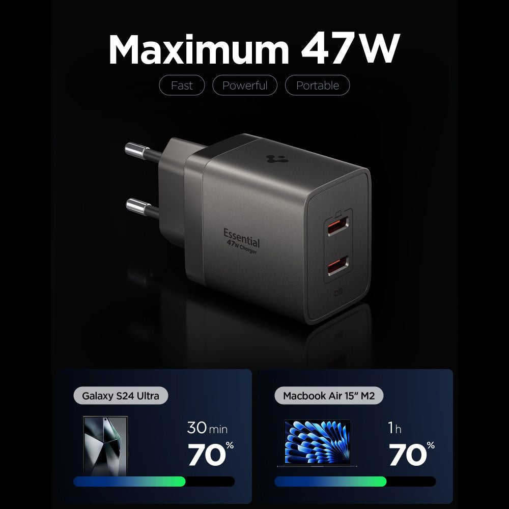 Spigen EE472EU Essential hálózati töltő, 47W, 3A, 2 x USB-C, Szürke ACH10450