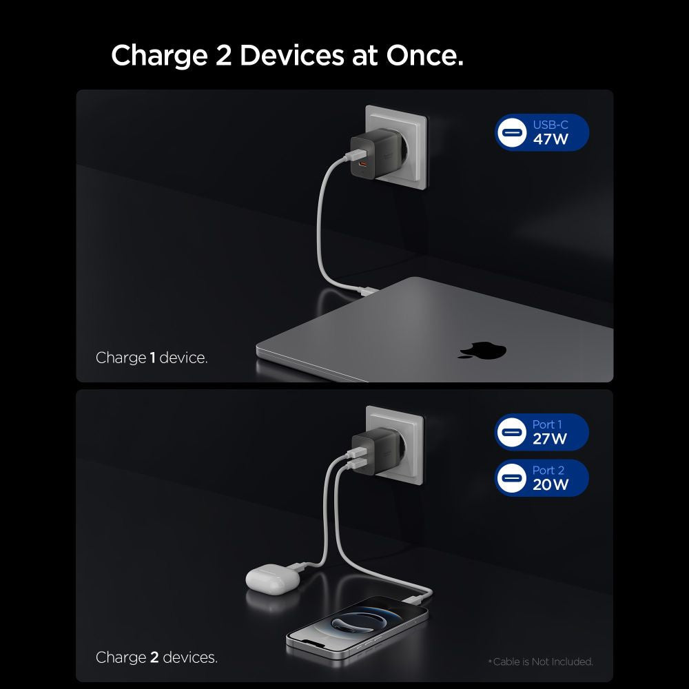 Spigen EE472EU Essential hálózati töltő, 47W, 3A, 2 x USB-C, Szürke ACH10450