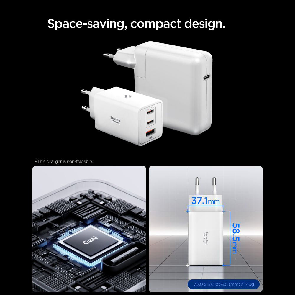 Spigen Essential Hálózati Töltő, 67W, 3.25A, 1 x USB-A - 2 x USB-C, Fehér ACH08710
