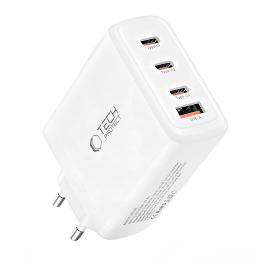 Tech-Protect NC120W-GAN hálózati töltő, 120W, 5A, 1 x USB-A - 3 x USB-C, Fehér