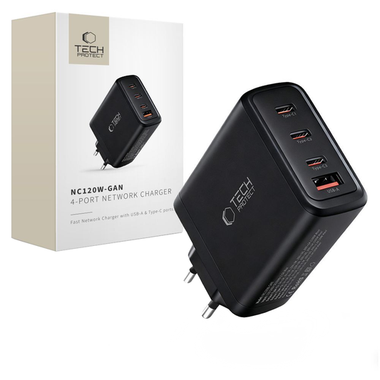 Tech-Protect NC120W-GAN hálózati töltő, 120W, 5A, 1 x USB-A - 3 x USB-C, Fekete