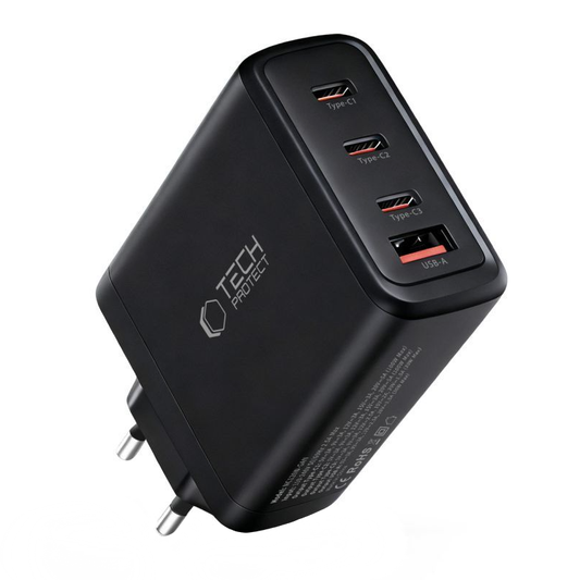 Tech-Protect NC120W-GAN hálózati töltő, 120W, 5A, 1 x USB-A - 3 x USB-C, Fekete