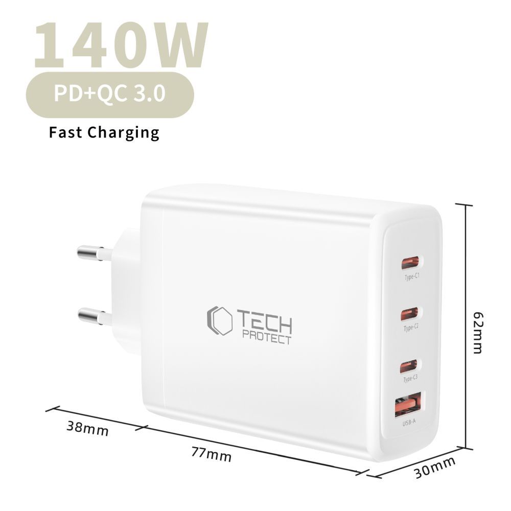 Tech-Protect NC140W-GAN hálózati töltő, 140W, 5A, 1 x USB-A - 3 x USB-C, Fehér