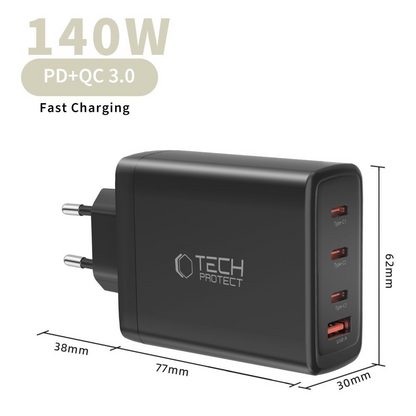 Tech-Protect NC140W-GAN hálózati töltő, 140W, 5A, 1 x USB-A - 3 x USB-C, Fekete