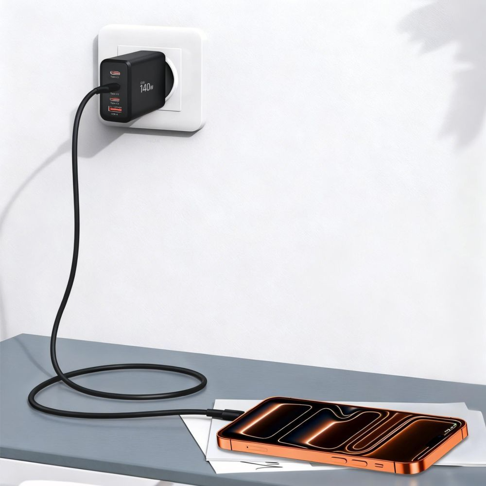 Tech-Protect NC140W-GAN hálózati töltő, 140W, 5A, 1 x USB-A - 3 x USB-C, Fekete
