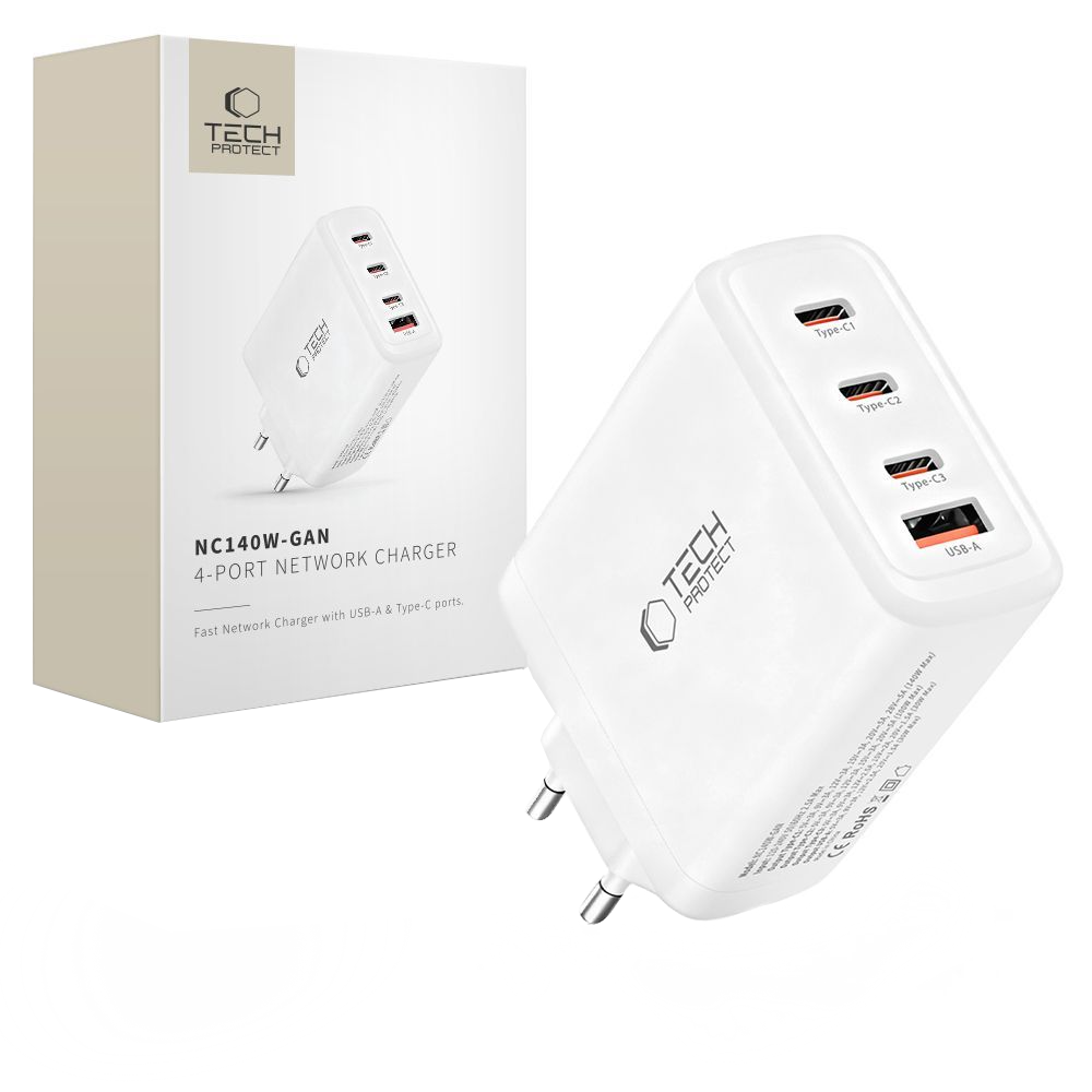 Tech-Protect NC140W-GAN hálózati töltő, 140W, 5A, 1 x USB-A - 3 x USB-C, Fehér