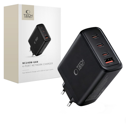 Tech-Protect NC140W-GAN hálózati töltő, 140W, 5A, 1 x USB-A - 3 x USB-C, Fekete