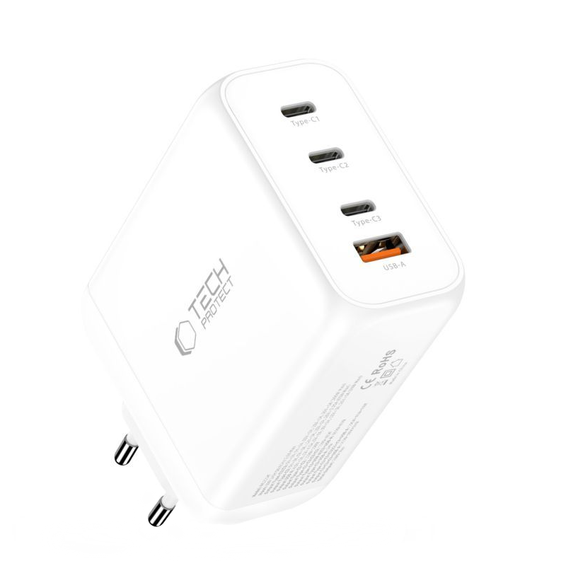 Tech-Protect NC200W-GAN hálózati töltő, 200W, 5A, 1 x USB-A - 3 x USB-C, Fehér