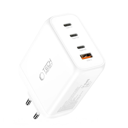 Tech-Protect NC200W-GAN hálózati töltő, 200W, 5A, 1 x USB-A - 3 x USB-C, Fehér