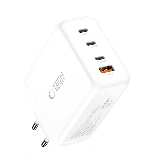 Tech-Protect NC200W-GAN hálózati töltő, 200W, 5A, 1 x USB-A - 3 x USB-C, Fehér
