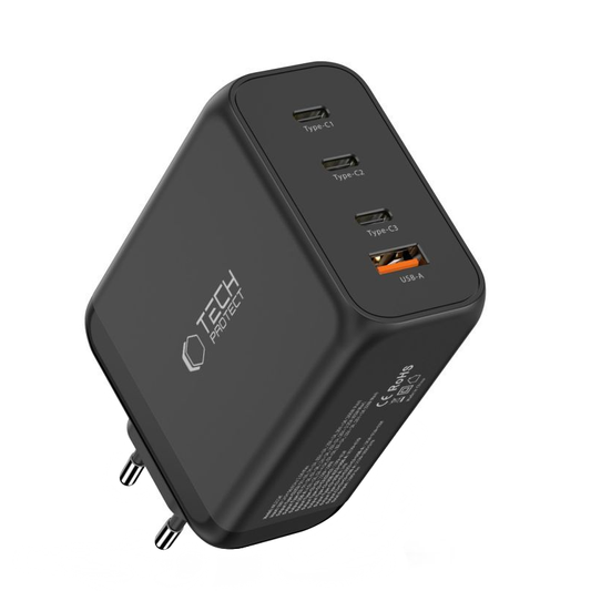 Tech-Protect NC200W-GAN hálózati töltő, 200W, 5A, 1 x USB-A - 3 x USB-C, Fekete