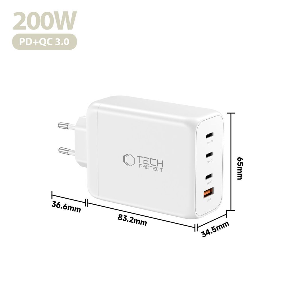 Tech-Protect NC200W-GAN hálózati töltő, 200W, 5A, 1 x USB-A - 3 x USB-C, Fehér