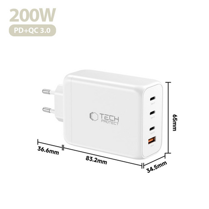 Tech-Protect NC200W-GAN hálózati töltő, 200W, 5A, 1 x USB-A - 3 x USB-C, Fehér