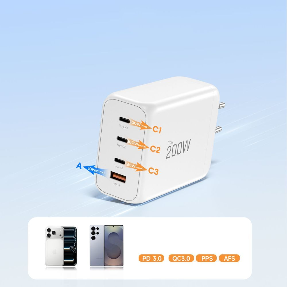 Tech-Protect NC200W-GAN hálózati töltő, 200W, 5A, 1 x USB-A - 3 x USB-C, Fehér