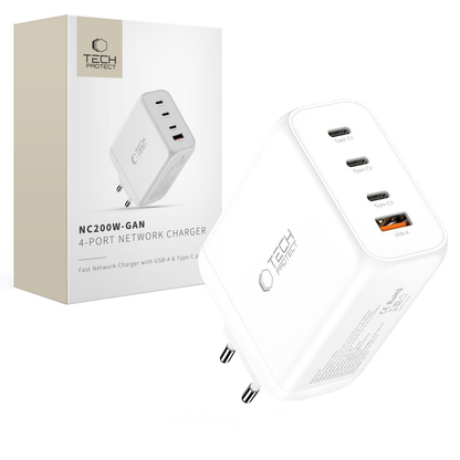 Tech-Protect NC200W-GAN hálózati töltő, 200W, 5A, 1 x USB-A - 3 x USB-C, Fehér
