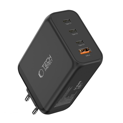 Tech-Protect NC240W-GAN Hálózati Töltő, 240W, 5A, 1 x USB-A - 3 x USB-C, Fekete