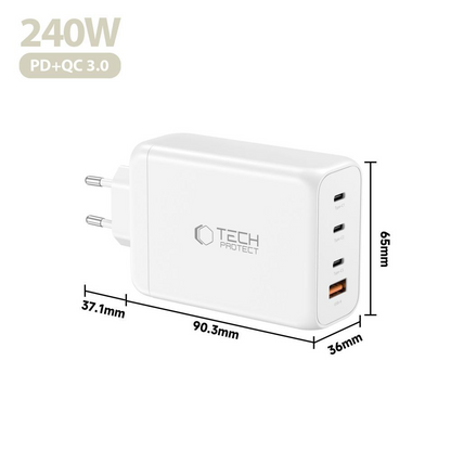 Tech-Protect NC240W-GAN hálózati töltő, 240W, 5A, 1 x USB-A - 3 x USB-C, Fehér
