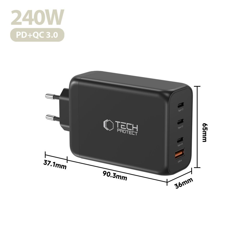 Tech-Protect NC240W-GAN Hálózati Töltő, 240W, 5A, 1 x USB-A - 3 x USB-C, Fekete