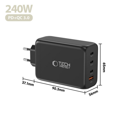Tech-Protect NC240W-GAN Hálózati Töltő, 240W, 5A, 1 x USB-A - 3 x USB-C, Fekete