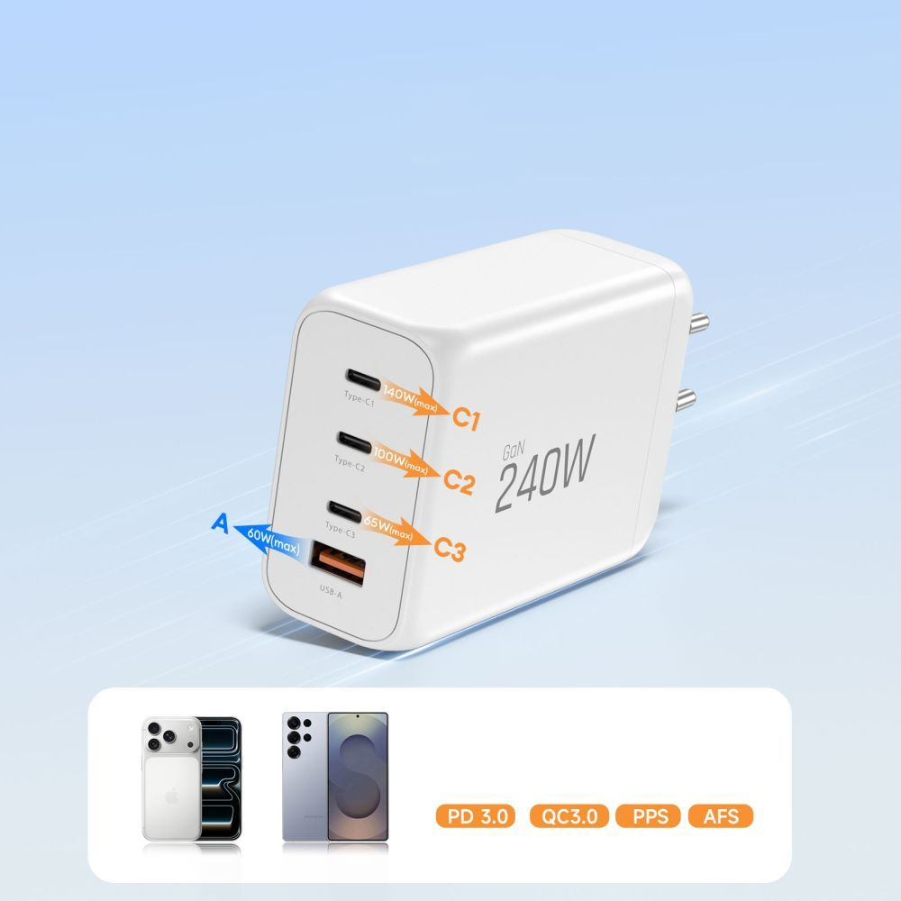 Tech-Protect NC240W-GAN hálózati töltő, 240W, 5A, 1 x USB-A - 3 x USB-C, Fehér
