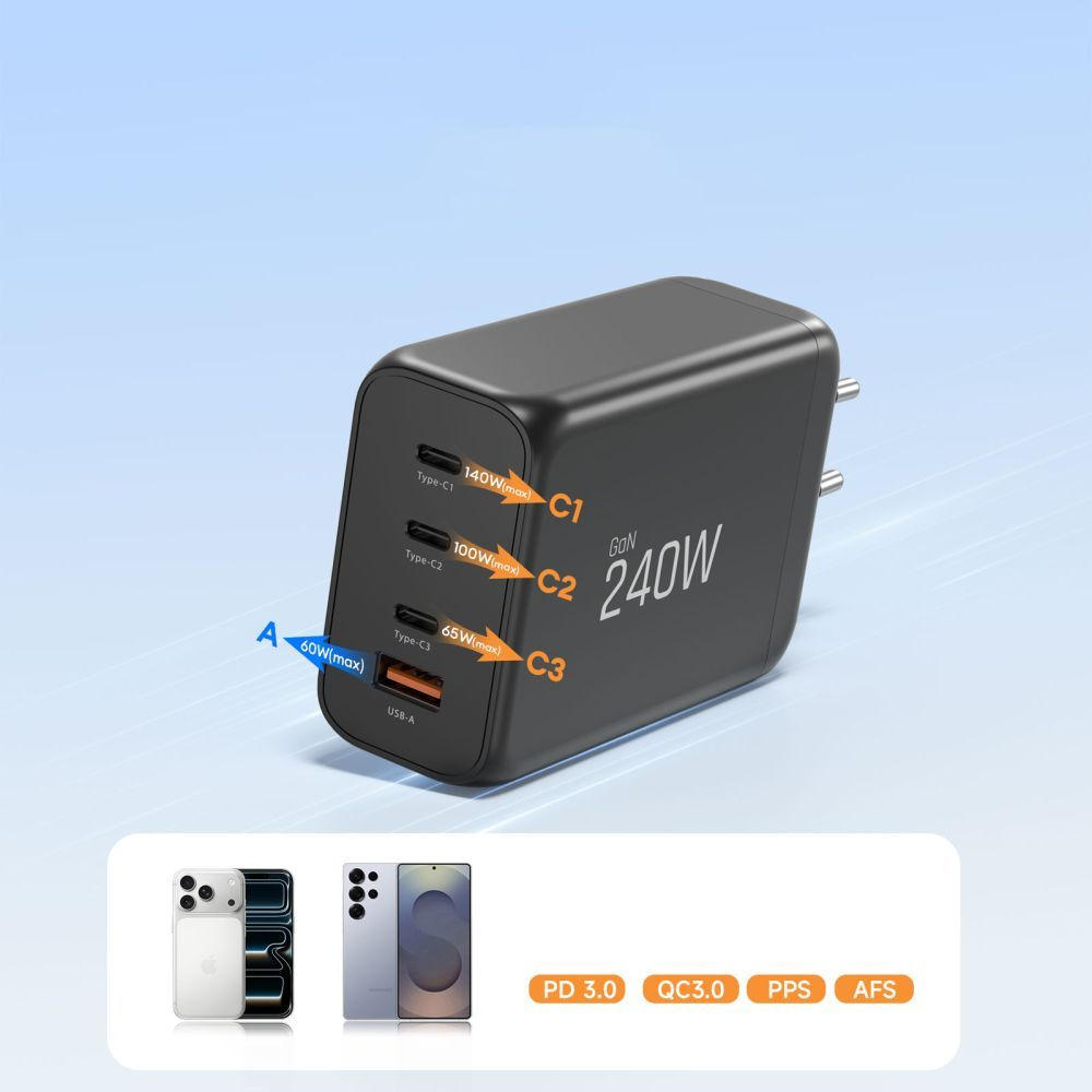 Tech-Protect NC240W-GAN Hálózati Töltő, 240W, 5A, 1 x USB-A - 3 x USB-C, Fekete