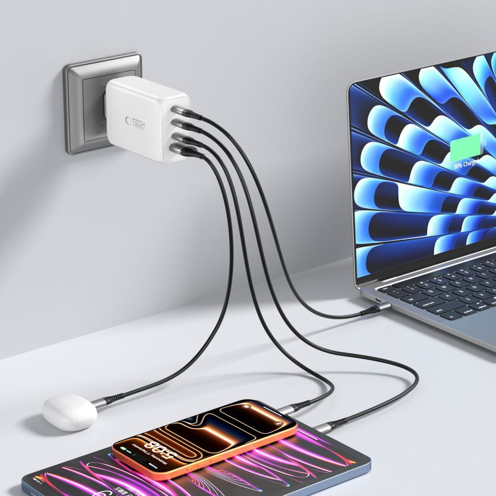 Tech-Protect NC240W-GAN hálózati töltő, 240W, 5A, 1 x USB-A - 3 x USB-C, Fehér