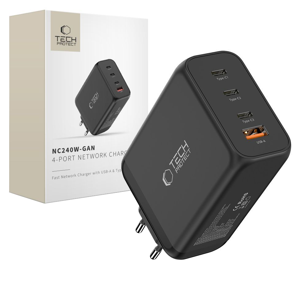 Tech-Protect NC240W-GAN Hálózati Töltő, 240W, 5A, 1 x USB-A - 3 x USB-C, Fekete
