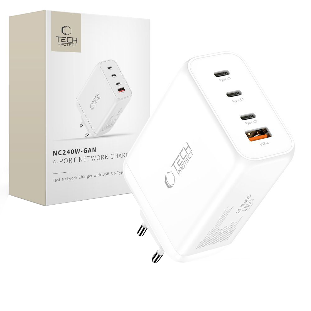 Tech-Protect NC240W-GAN hálózati töltő, 240W, 5A, 1 x USB-A - 3 x USB-C, Fehér