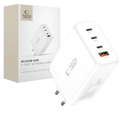 Tech-Protect NC240W-GAN hálózati töltő, 240W, 5A, 1 x USB-A - 3 x USB-C, Fehér