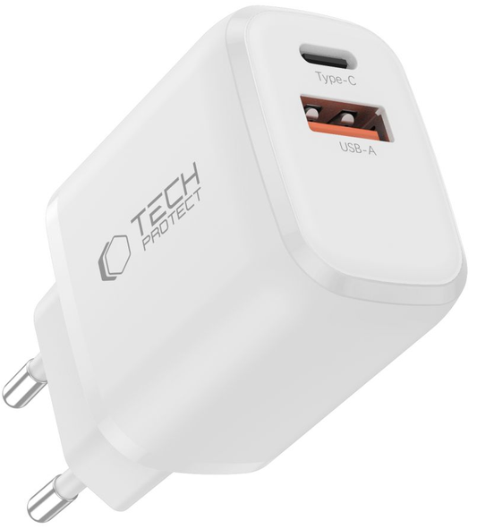 Tech-Protect NCA45W hálózati töltő, 45W, 3A, 1 x USB-A - 1 x USB-C, Fehér