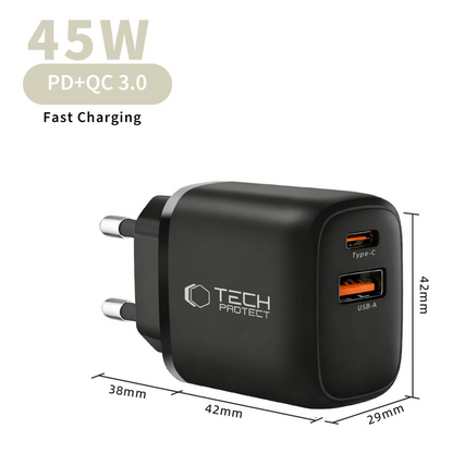 Tech-Protect NCA45W hálózati töltő, 45W, 3A, 1 x USB-A - 1 x USB-C, Fekete