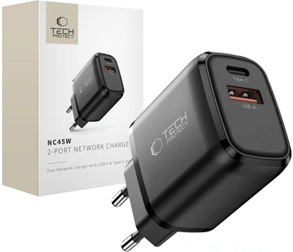Tech-Protect NCA45W hálózati töltő, 45W, 3A, 1 x USB-A - 1 x USB-C, Fekete