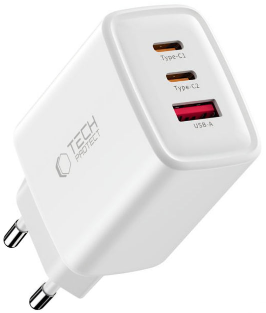 Tech-Protect NCA65W hálózati töltő, 65W, 3A, 1 x USB-A - 2 x USB-C, Fehér