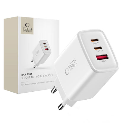 Tech-Protect NCA65W hálózati töltő, 65W, 3A, 1 x USB-A - 2 x USB-C, Fehér