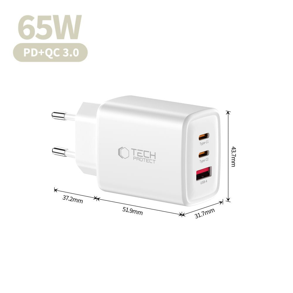 Tech-Protect NCA65W hálózati töltő, 65W, 3A, 1 x USB-A - 2 x USB-C, Fehér