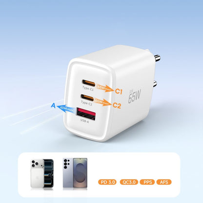 Tech-Protect NCA65W hálózati töltő, 65W, 3A, 1 x USB-A - 2 x USB-C, Fehér