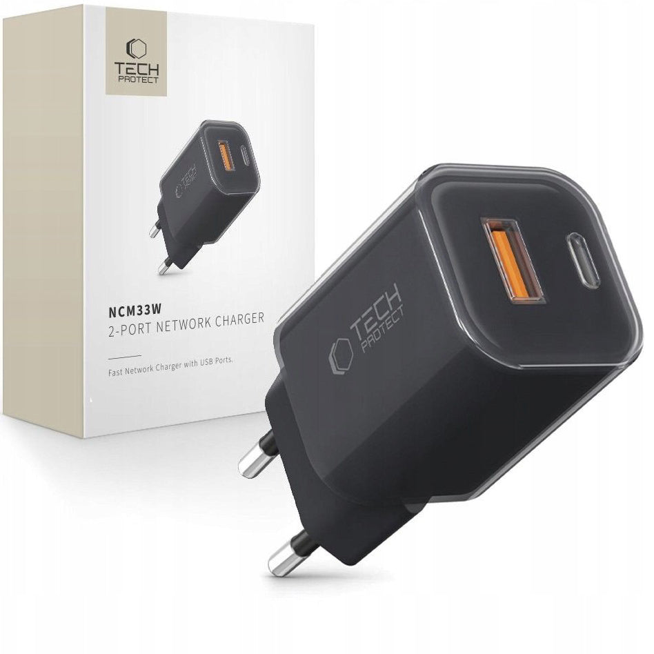 Tech-Protect NCM33W hálózati töltő, 33W, 3A, 1 x USB-A - 1 x USB-C, Fekete