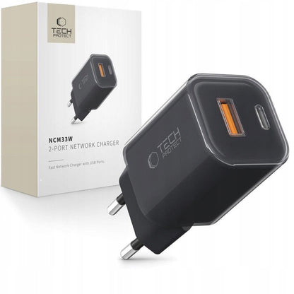 Tech-Protect NCM33W hálózati töltő, 33W, 3A, 1 x USB-A - 1 x USB-C, Fekete