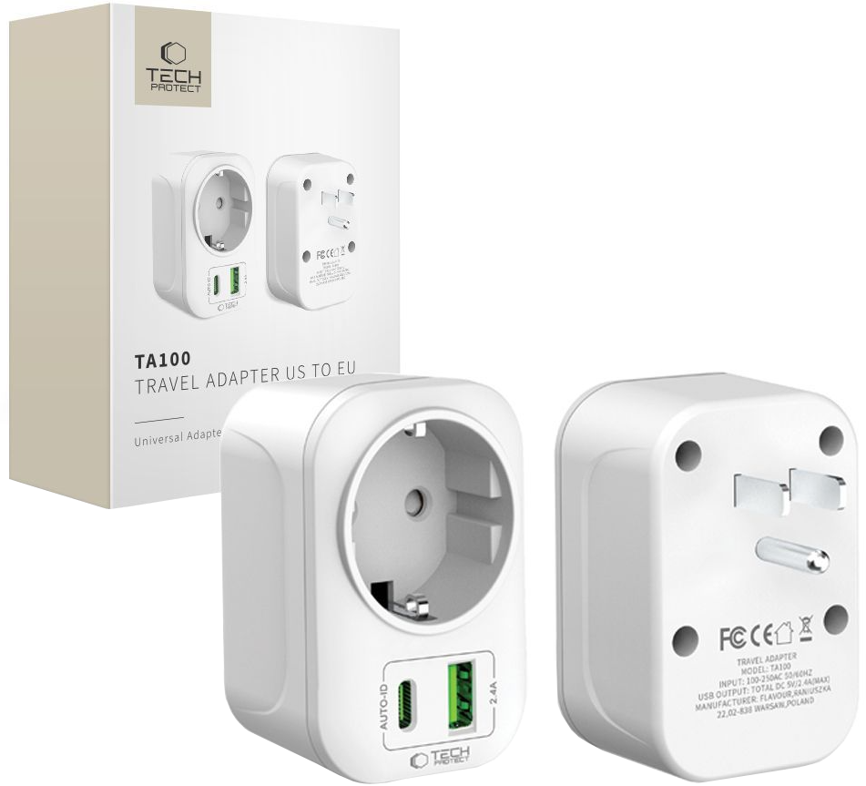 Tech-Protect TA100 Travel US hálózati töltő, 20W, 3A, 1 x Schuko - 1 x USB-A - 1 x USB-C, fehér
