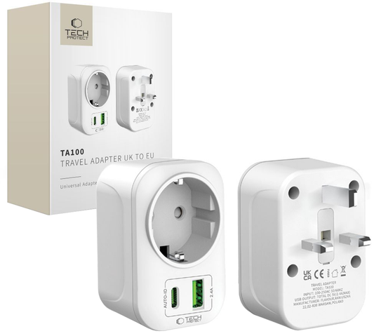 Tech-Protect TA100 Travel UK hálózati töltő, 20W, 3A, 1 x Schuko - 1 x USB-A - 1 x USB-C, Fehér