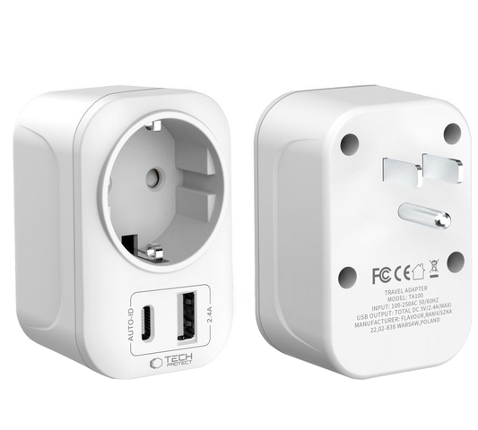 Tech-Protect TA100 Travel US hálózati töltő, 20W, 3A, 1 x Schuko - 1 x USB-A - 1 x USB-C, fehér