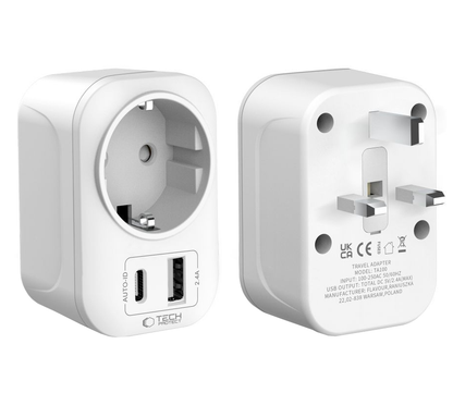Tech-Protect TA100 Travel UK hálózati töltő, 20W, 3A, 1 x Schuko - 1 x USB-A - 1 x USB-C, Fehér
