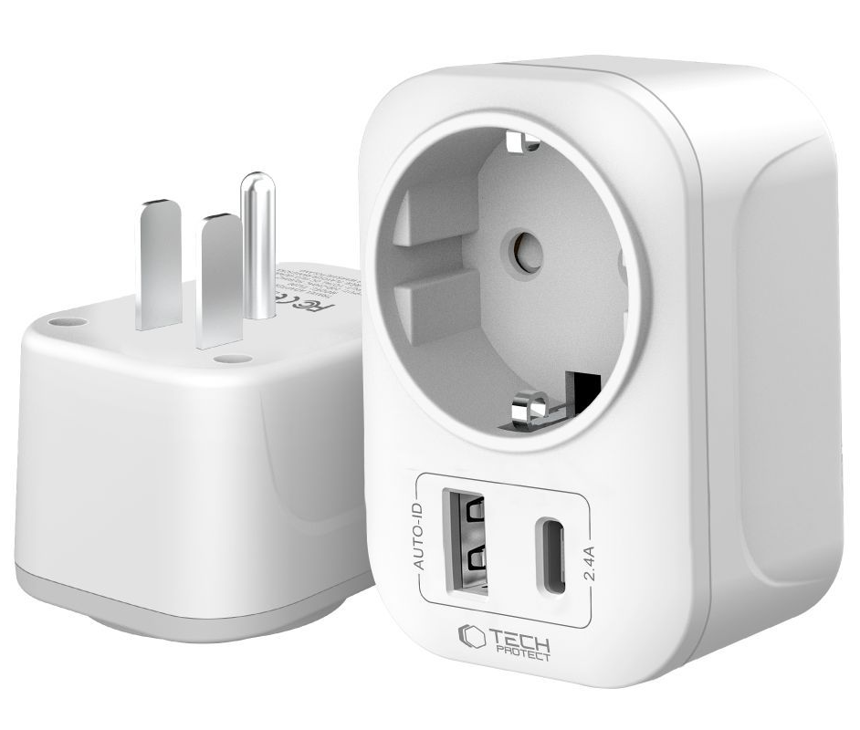 Tech-Protect TA100 Travel US hálózati töltő, 20W, 3A, 1 x Schuko - 1 x USB-A - 1 x USB-C, fehér