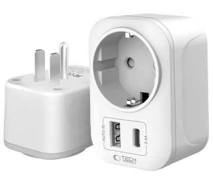 Tech-Protect TA100 Travel US hálózati töltő, 20W, 3A, 1 x Schuko - 1 x USB-A - 1 x USB-C, fehér