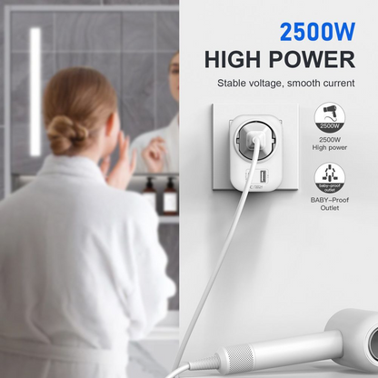 Tech-Protect TA100 Travel US hálózati töltő, 20W, 3A, 1 x Schuko - 1 x USB-A - 1 x USB-C, fehér