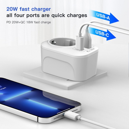 Tech-Protect TA100 Travel UK hálózati töltő, 20W, 3A, 1 x Schuko - 1 x USB-A - 1 x USB-C, Fehér