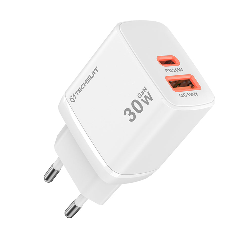 Techsuit CH1 Duonix hálózati töltő, 30W, 3A, 1 x USB-A - 1 x USB-C, Fehér