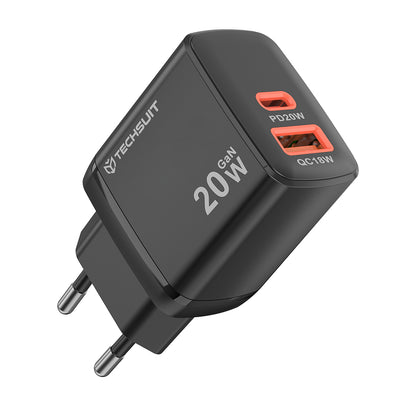 Techsuit CH2 Duonix hálózati töltő, 20W, 3A, 1 x USB-A - 1 x USB-C, Fekete